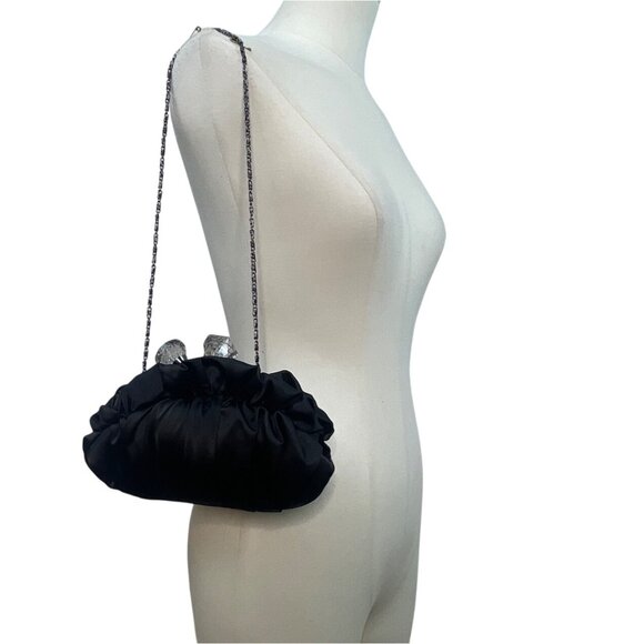 Lulu Townsend Black Satin With Rhinestone Clasp & Chain Strap Evening Clutch - Picture 2 of 11